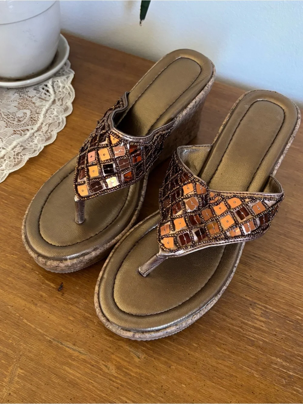 Copper and Bronze Beaded Wedge Thong Sandals